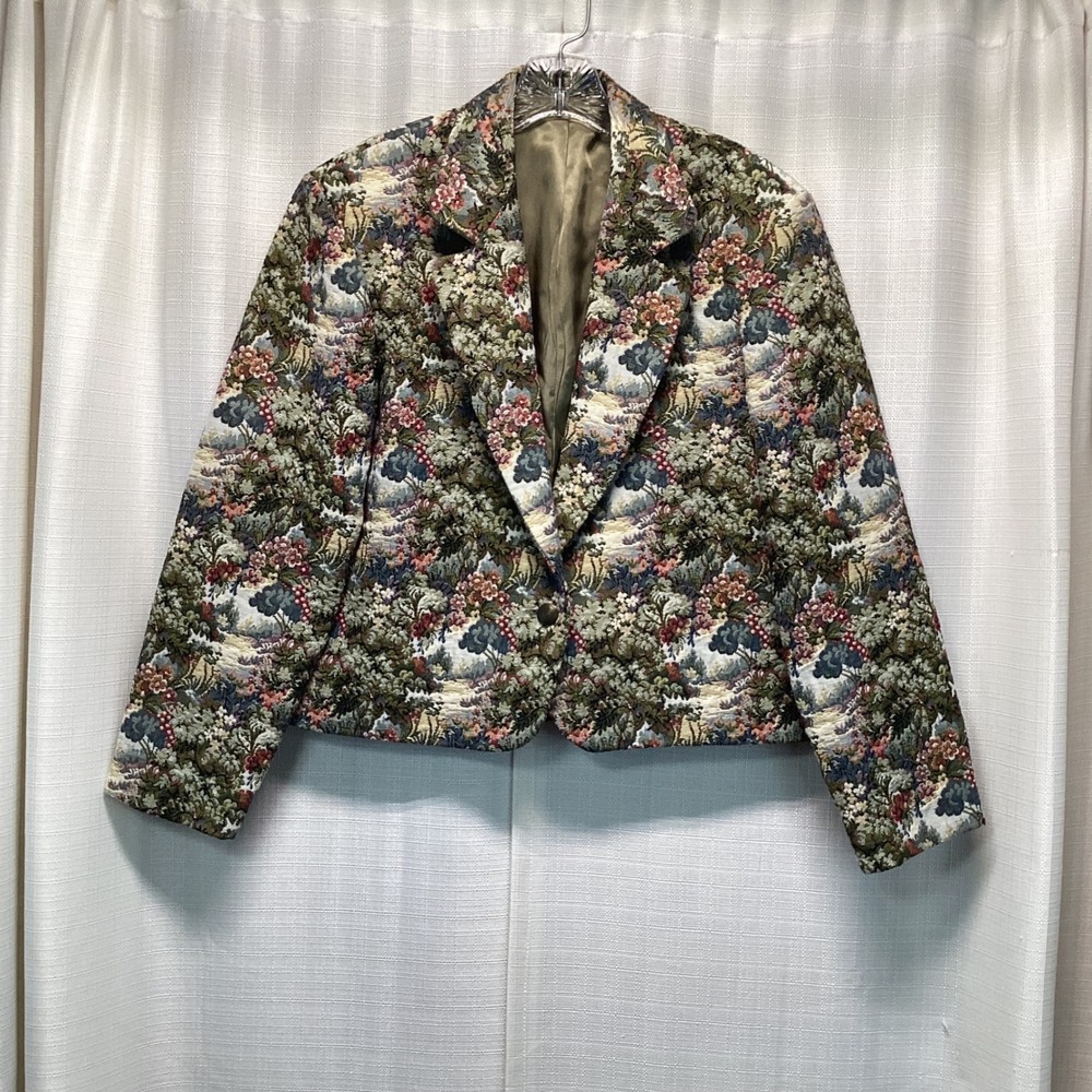 Vintage Lands End Floral Tapestry Blazer Jacket Scenic Landscape Size 10 USA